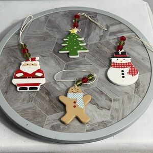 Set of 4 Ceramic Christmas Ornaments Santa Snowman Tree Gingerbread Man Beads